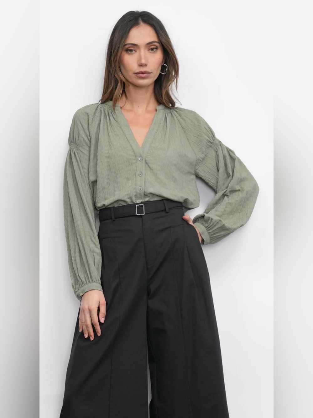 Greylin Phoebe Sage Green V-Neck Button Blouse - Women's Top